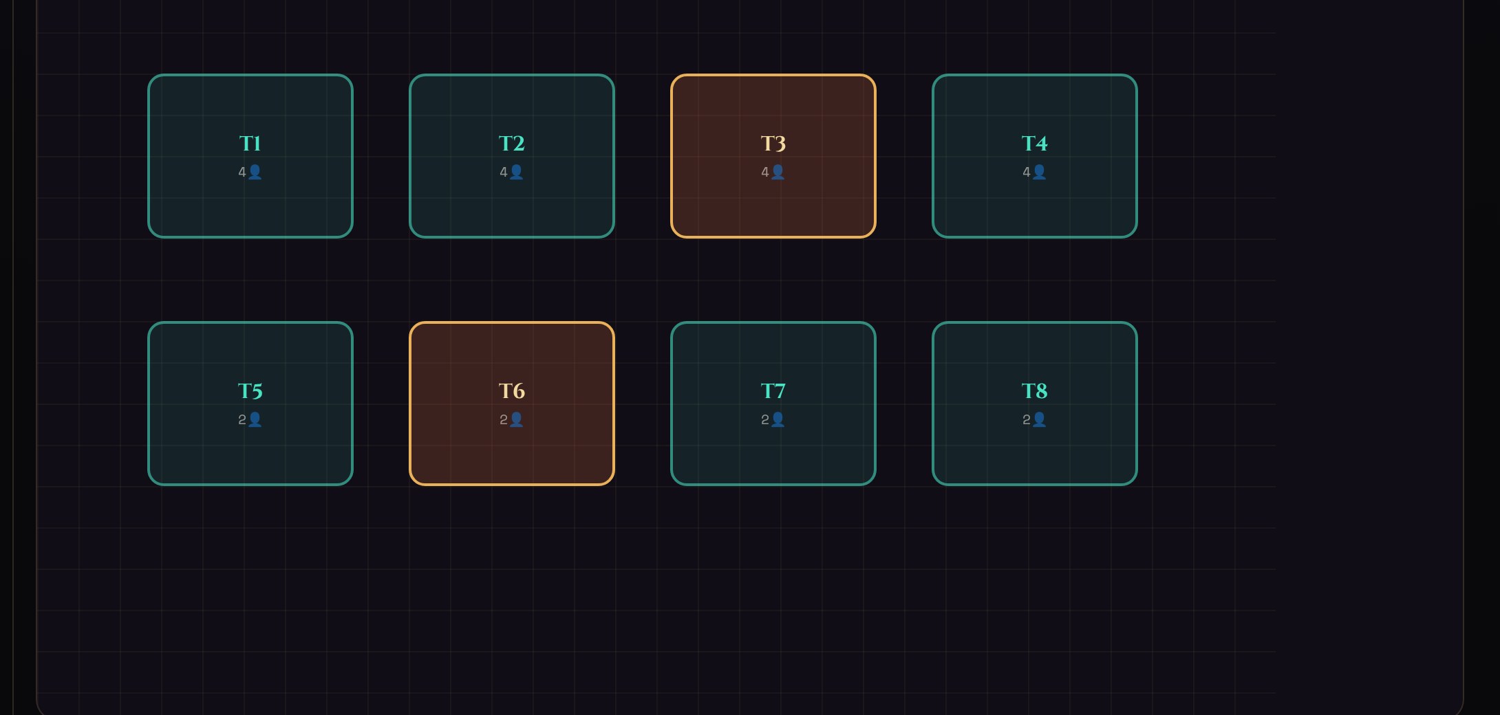 The floor-plan designer: tables laid out as the room really is, two of them amber because they are occupied