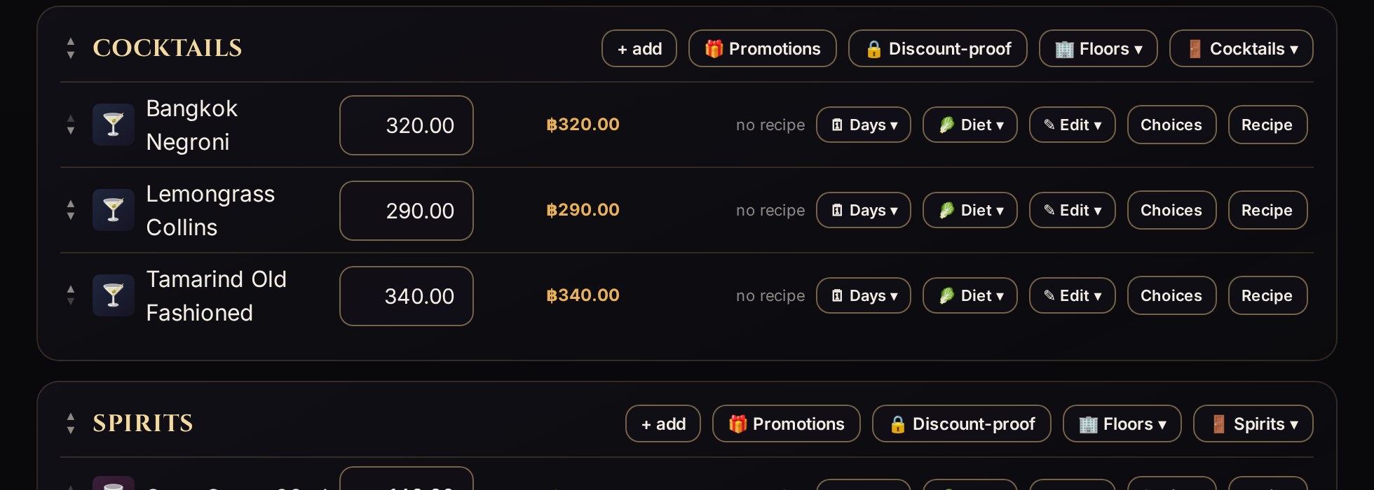 The menu editor: cocktails with their prices in editable fields, plus recipe, availability and diet controls