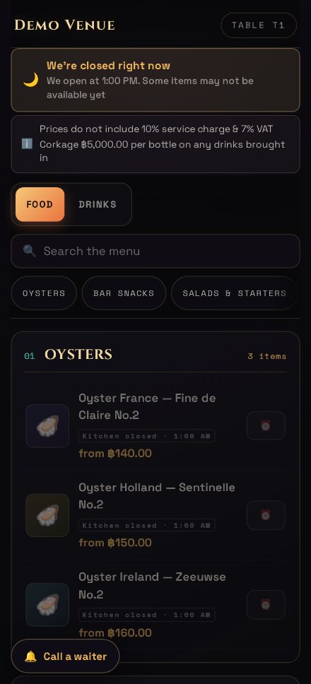 The guest ordering screen on a phone: venue name, table number, service-charge notice, food and drinks tabs, and oyster items with prices.