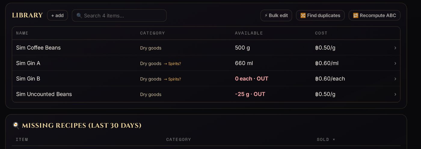 The stock and ingredients screen listing items with on-hand quantities and cost figures.